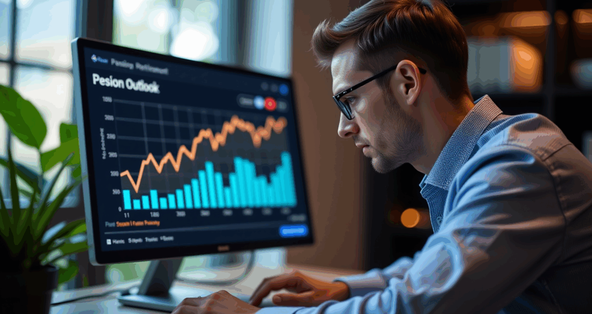 Osoba korzystająca z online kalkulatora prognozowanej emerytury ZUS na ekranie komputera, planująca swoją finansową przyszłość.