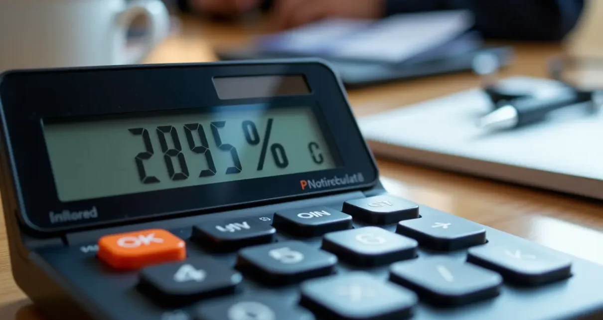 Jak Obliczyć Procent na Kalkulatorze: Kompletny Przewodnik Krok po Kroku 5 Ręka korzystająca z kalkulatora, wyświetlająca wynik obliczania procentów na kalkulatorze krok po kroku.