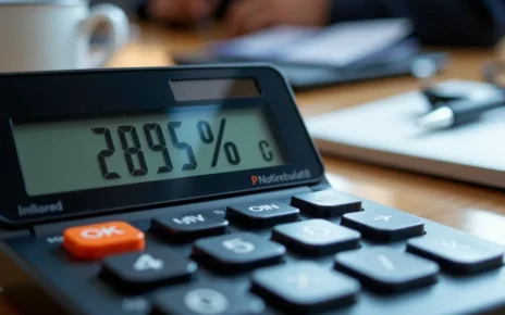 Ręka korzystająca z kalkulatora, wyświetlająca wynik obliczania procentów na kalkulatorze krok po kroku.