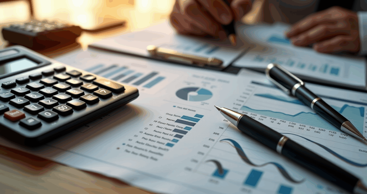 Wykres finansowy symbolizujący zyski kapitałowe oraz kalkulator i dokumenty rozliczeniowe.