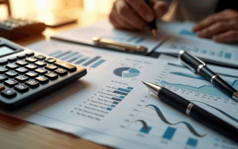 Wykres finansowy symbolizujący zyski kapitałowe oraz kalkulator i dokumenty rozliczeniowe.