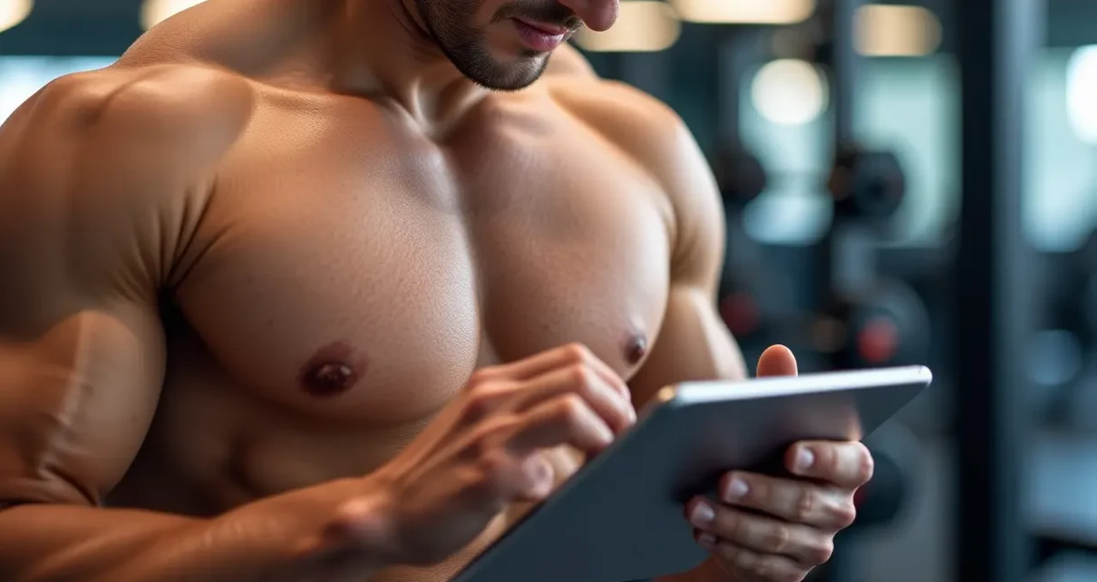 Uśmiechnięta osoba używa kalkulatora po treningu na tablecie do analizy makroskładników i regeneracji.