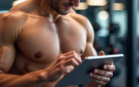 Uśmiechnięta osoba używa kalkulatora po treningu na tablecie do analizy makroskładników i regeneracji.