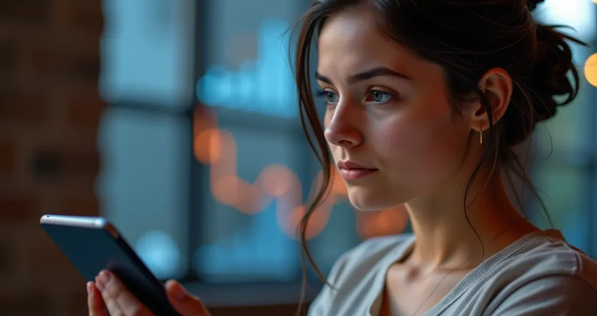 Kobieta używająca cyfrowego kalkulatora prawdopodobieństwa ciąży na smartfonie, śledząc cykl menstruacyjny.