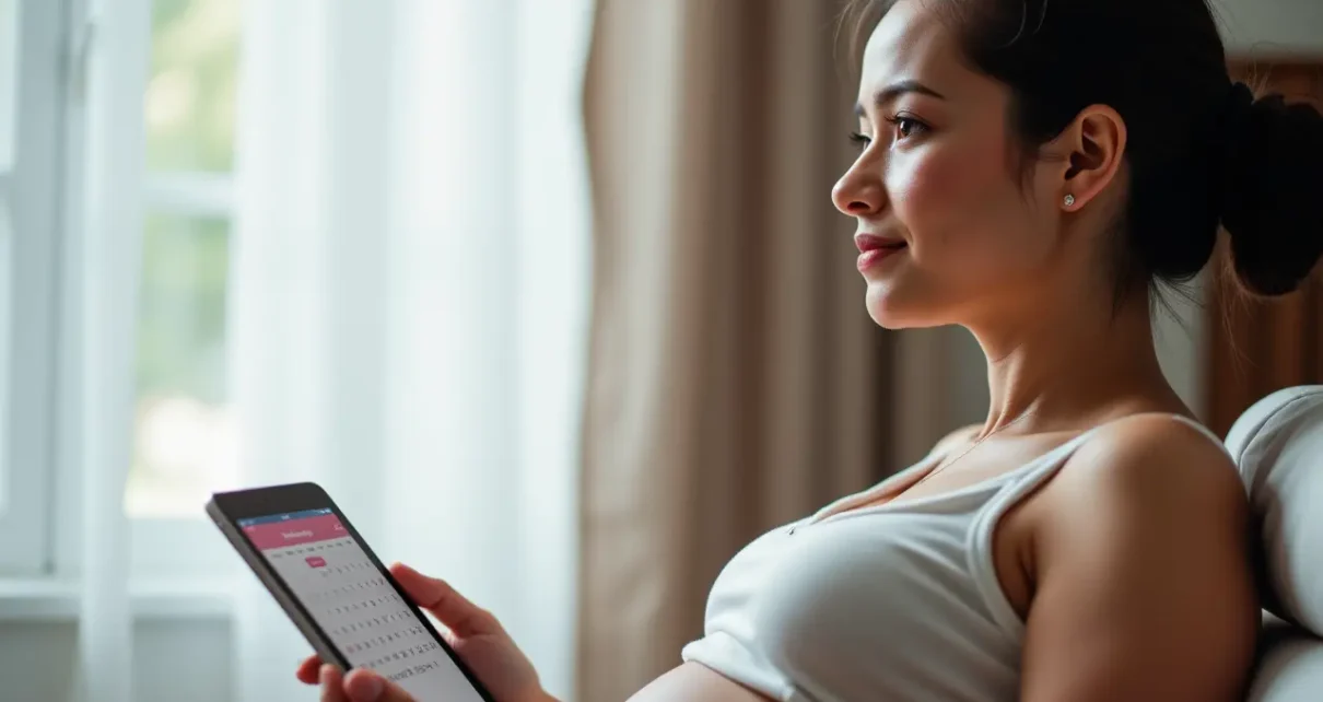 Kobieta w ciąży z uśmiechem korzysta z aplikacji mobilnej kalkulator tygodni ciąży.