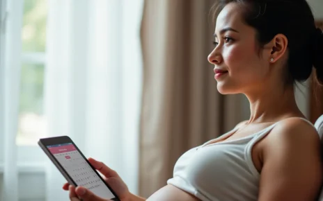 Kalkulator Tygodni Ciąży: Precyzyjnie Oblicz Termin Porodu i Śledź Rozwój Dziecka 2 Kobieta w ciąży z uśmiechem korzysta z aplikacji mobilnej kalkulator tygodni ciąży.