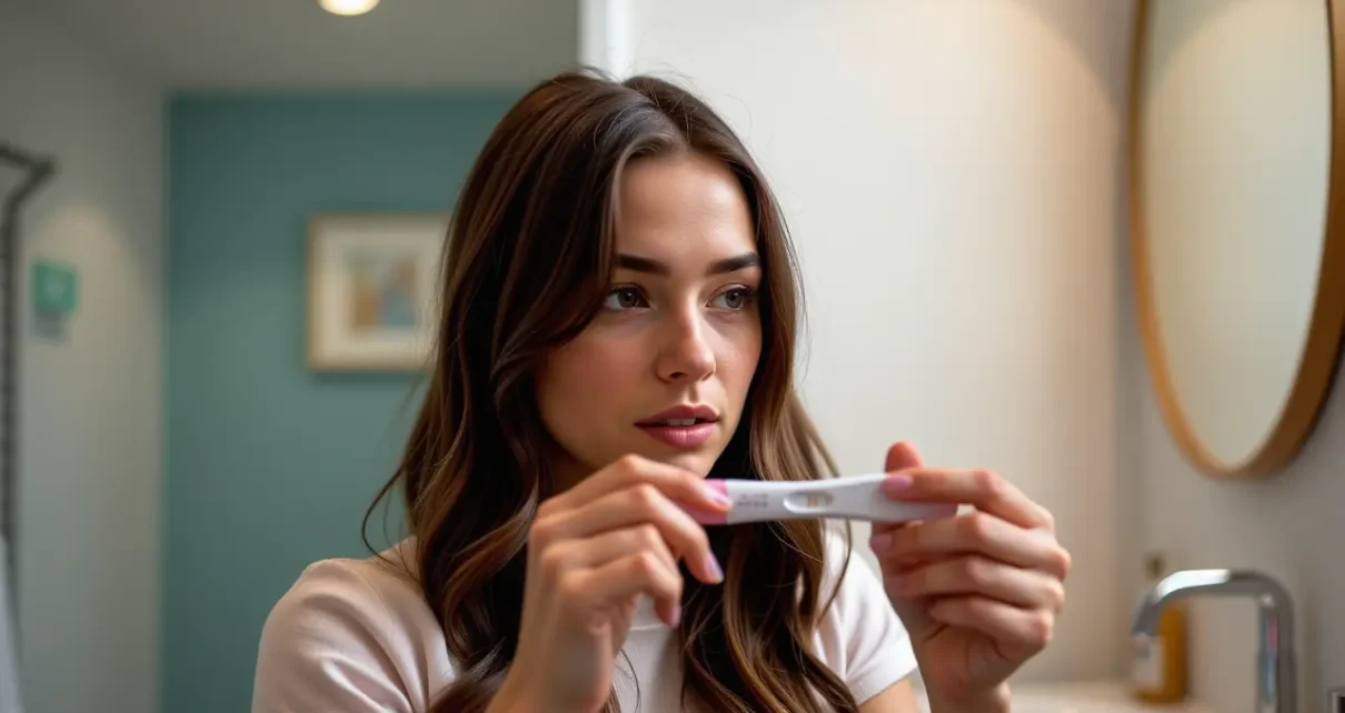 Kobieta zastanawiająca się nad wykonaniem testu ciążowego, korzystająca z kalkulatora kiedy zrobić test ciążowy online.