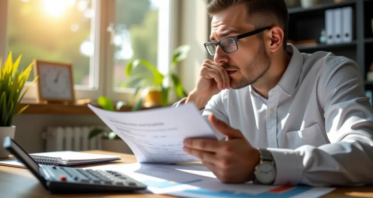 Kobieta analizuje dokumenty z kalkulatorem. Wyjaśnienie, jak obliczyć wysokość zasiłku rehabilitacyjnego.