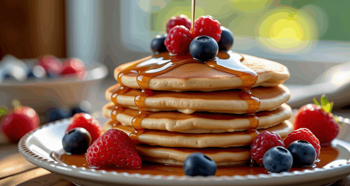 Przepis na Naleśniki z Mąki Ryżowej: Delikatne, Bezglutenowe i Wegańskie 1 Delikatne, bezglutenowe naleśniki z mąki ryżowej w stosie, udekorowane świeżymi owocami. Wegański przysmak.