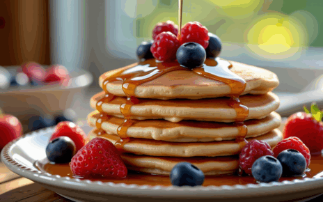 Delikatne, bezglutenowe naleśniki z mąki ryżowej w stosie, udekorowane świeżymi owocami. Wegański przysmak.