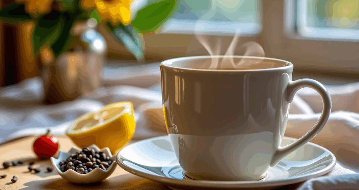 Kobieta pije ziołową herbatę na ból gardła, obok opakowania leków i miodu.