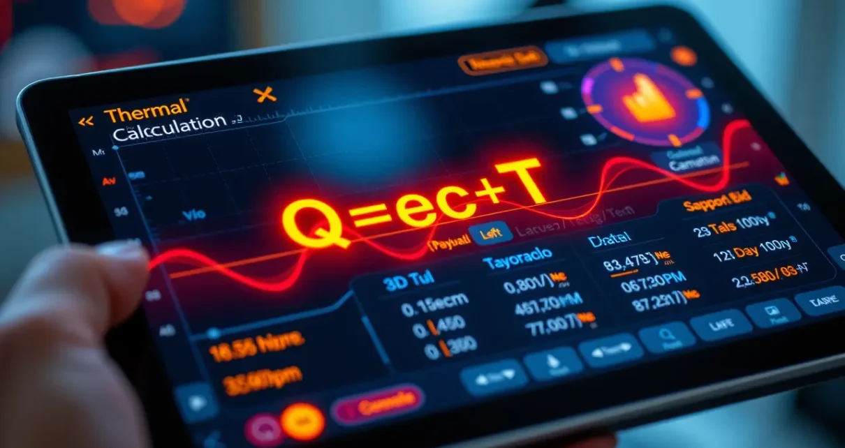 Interfejs kalkulatora ciepła właściwego online ułatwiający szybkie obliczenia energii według wzoru Q=mcΔT.