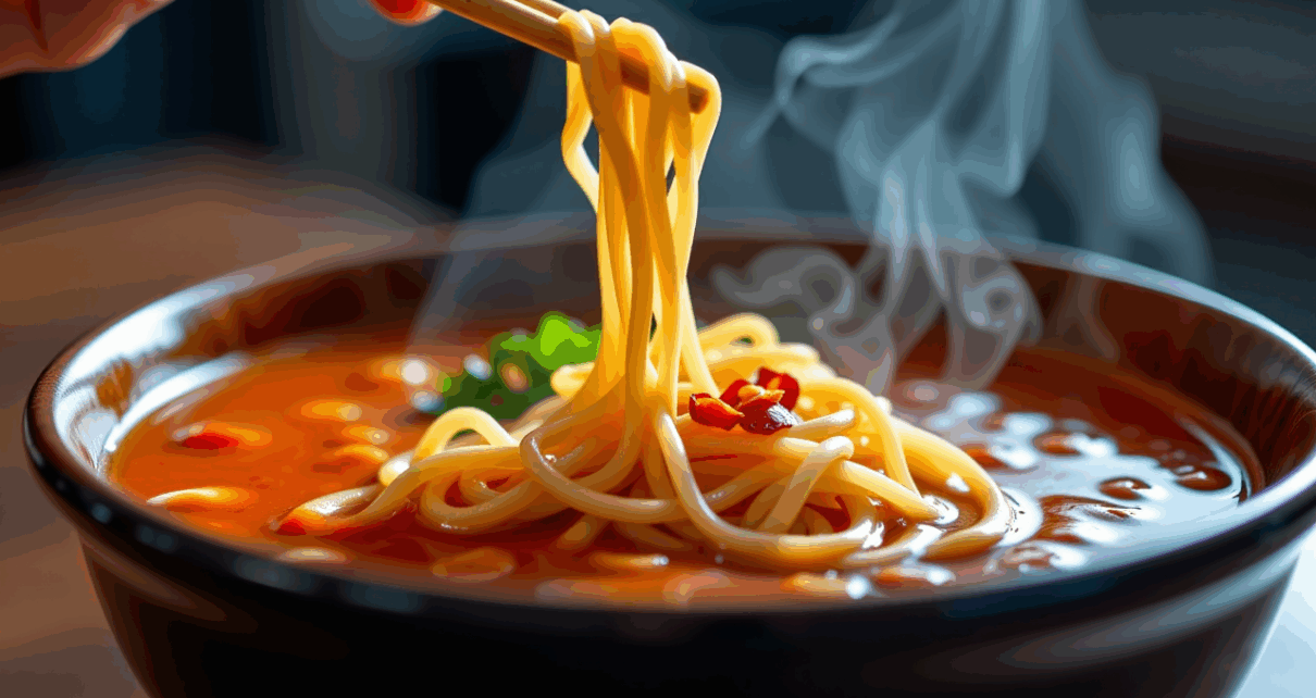 Piekielnie ostry buldak 2x spicy ramen w misce z dodatkami, gotowy do zjedzenia.