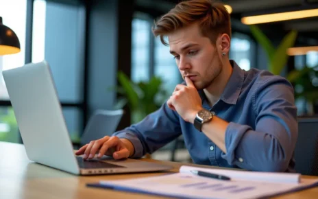 Cyfrowy interfejs prezentujący kalkulator kredytu na start firmy do obliczania kosztów i rat.