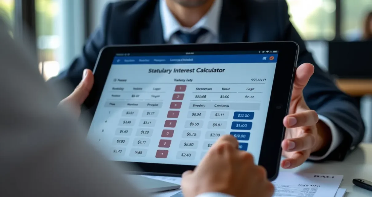 Kalkulator Odsetek Ustawowych: Szybko i Precyzyjnie Oblicz Swoje Należności 1 Interfejs cyfrowy przedstawiający kalkulator odsetek ustawowych, z wykresami i polami do wprowadzania danych finansowych.