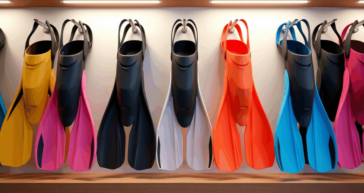 Płetwy do Pływania: Kompleksowy Przewodnik – Jak Wybrać Idealne Płetwy dla Siebie 1 Różne typy płetw do pływania leżą obok siebie, pomagając w wyborze idealnego sprzętu.