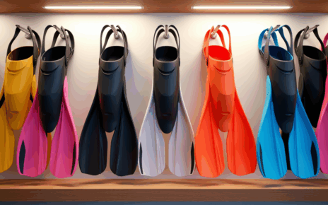 Płetwy do Pływania: Kompleksowy Przewodnik – Jak Wybrać Idealne Płetwy dla Siebie 1 Różne typy płetw do pływania leżą obok siebie, pomagając w wyborze idealnego sprzętu.