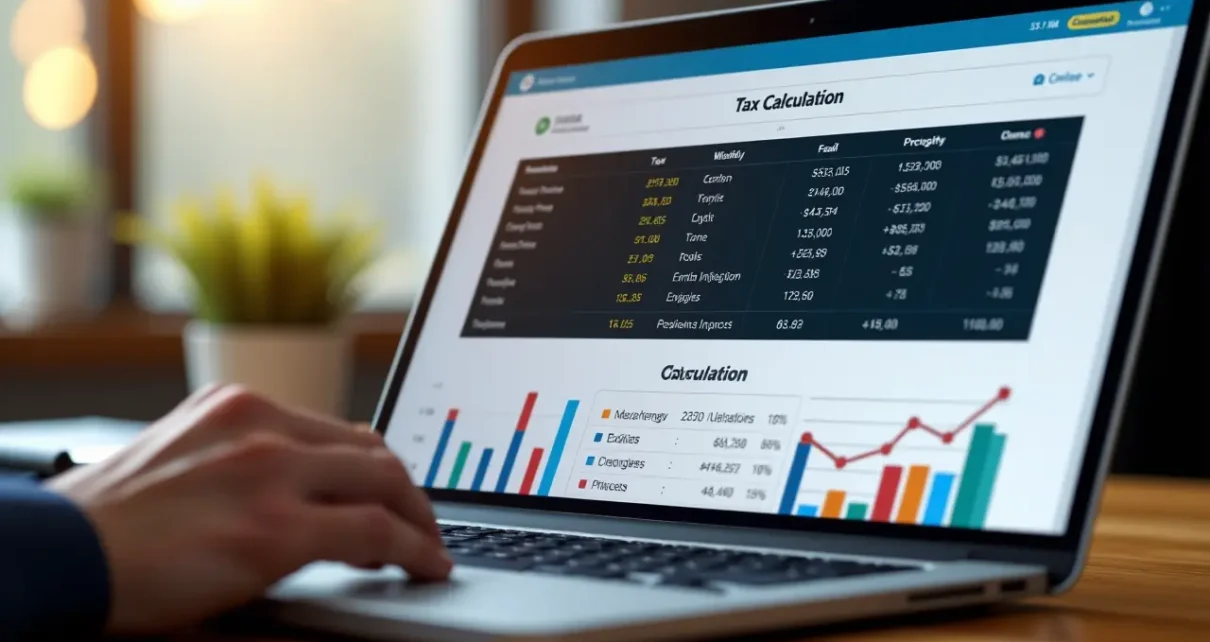 Ekran komputera z interfejsem kalkulatora podatkowego 2024, szybko obliczającego PIT, liniowy i ryczałt.