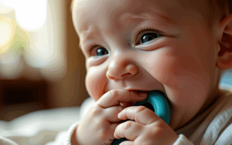 Szczęśliwe niemowlę, rodzic delikatnie sprawdza dziąsła, podczas gdy trwa wyrzynanie zębów mlecznych.