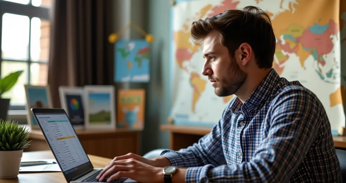 Kalkulator Kosztów Podróży Zagranicznej: Przewodnik po Planowaniu Budżetu 1 Uśmiechnięta osoba używa kalkulatora kosztów podróży zagranicznej na laptopie, planując budżet wyjazdu.