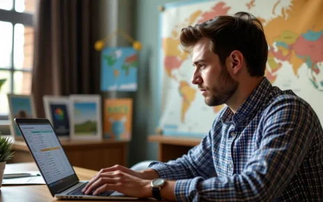 Uśmiechnięta osoba używa kalkulatora kosztów podróży zagranicznej na laptopie, planując budżet wyjazdu.