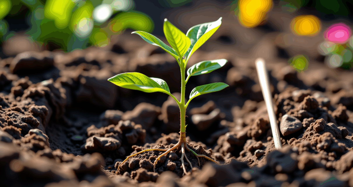 Ręce sadzące młode drzewo w żyznej ziemi, ilustrujące jak sadzić drzewa prawidłowo krok po kroku.