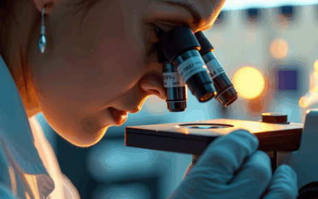 Pielęgniarka trzyma probówkę z próbką moczu. W tle sprzęt laboratoryjny.