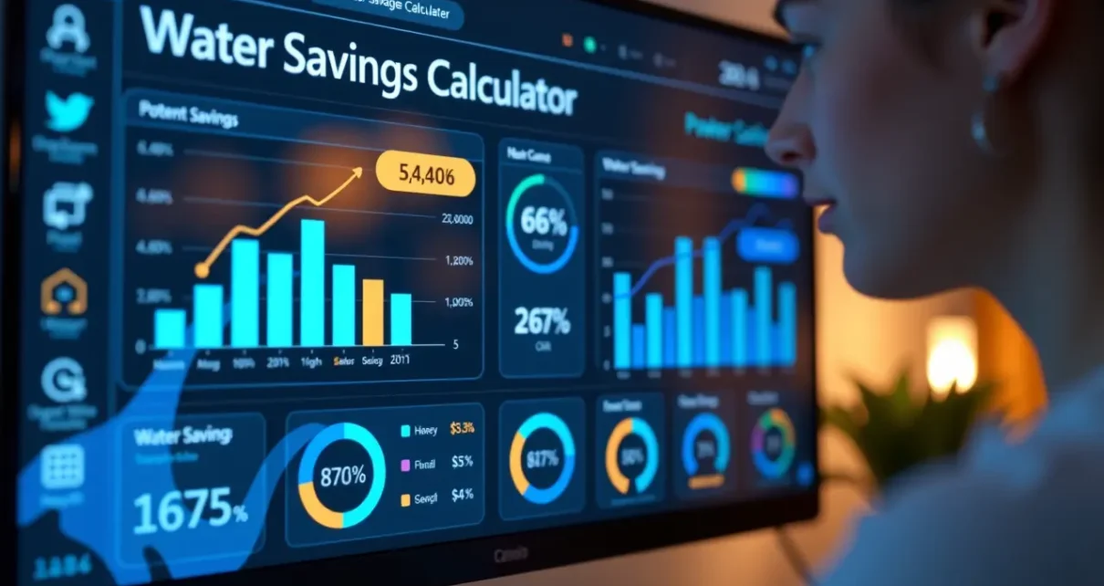 Interaktywny kalkulator zużycia wody wyświetlający dane, koszty i wskazówki dotyczące oszczędzania.