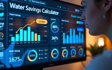 Interaktywny kalkulator zużycia wody wyświetlający dane, koszty i wskazówki dotyczące oszczędzania.