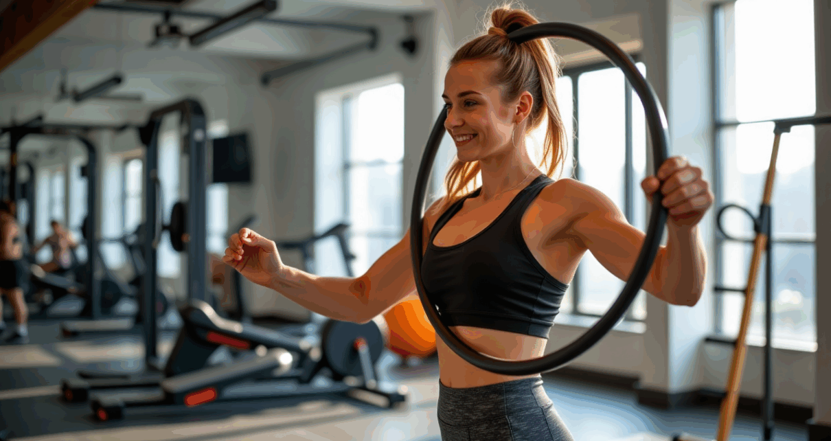 Kobieta ćwicząca z hula hop z obciążeniem w pomieszczeniu sportowym, demonstrując prawidłową technikę.