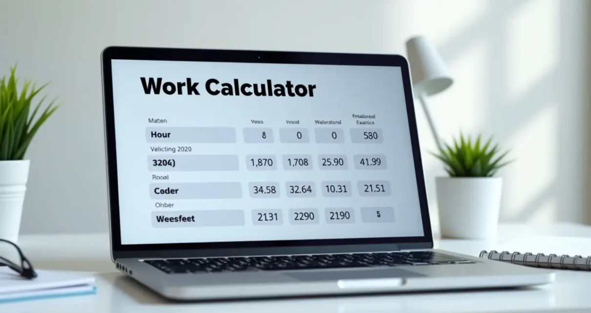 Nowoczesny kalkulator godzin pracy online na ekranie komputera, ułatwiający szybkie obliczenia czasu pracy.