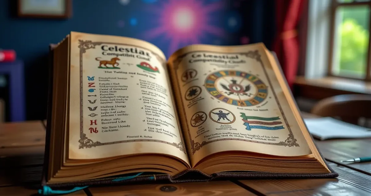 Test Kompatybilności Znaków Zodiaku: Kompletny Przewodnik po Astrologicznym Dopasowaniu 1 Grafika przedstawiająca test kompatybilności znaków zodiaku, z symbolami astrologicznymi i parą.