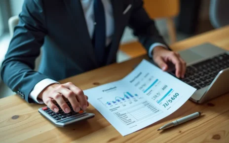 Pulpit z kalkulatorem i dokumentami, przedstawiający kalkulator składek ZUS 2022 dla firmy.